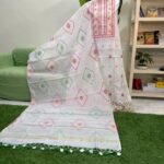 হাতের তাতে তৈরী সেমি মসলিন জামদানি থ্রি পিস (Code white with red-5010)